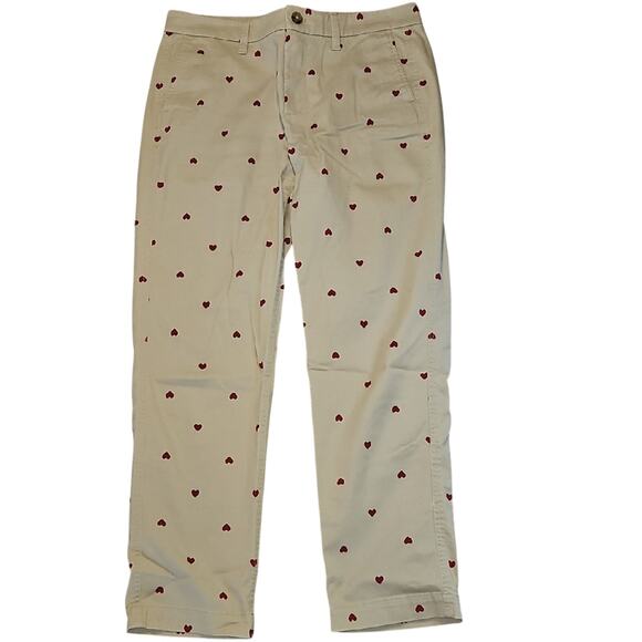 J. Crew High Rise Cream Pants with Red Heart Pattern - Picture 1 of 8
